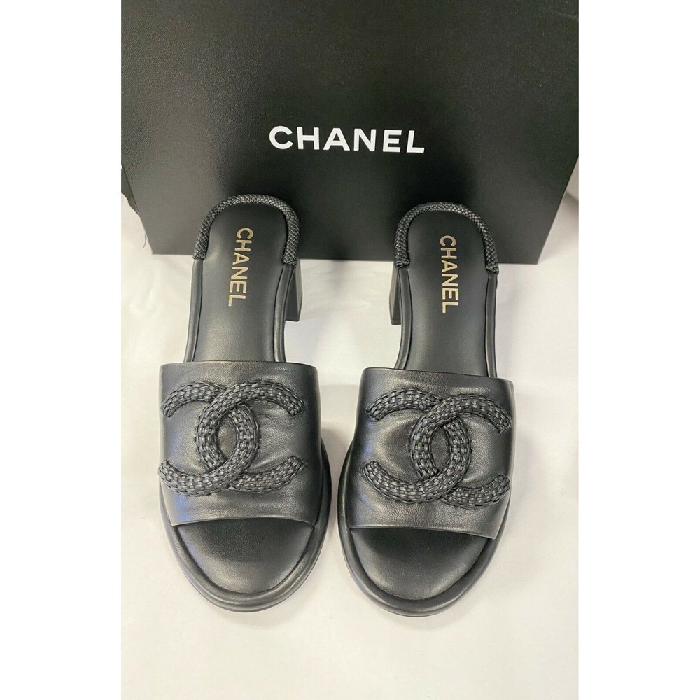 CHANEL Black Braided CC Block Heel Mule Lambskin Leather Sandals 40.5 (9.5 US)